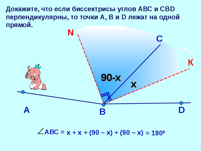 Докажите, что если биссектрисы углов АВС и СВ D перпендикулярны, то точки А, В и D лежат на одной прямой. N С К 9 0-х 9 0-х х х Геометрия 7-9. Л.С. Атанасян. №83 D А В АВС = х + х + (90 – х) + (90 – х) = 180 0  3