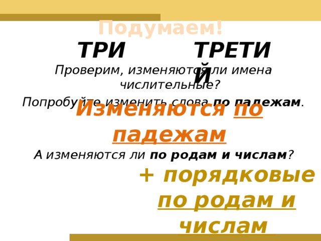 Подумаем! ТРЕТИЙ ТРИ Проверим, изменяются ли имена числительные? Попробуйте изменить слова по падежам .   А изменяются ли по родам и числам ? Изменяются по падежам + порядковые по родам и числам 