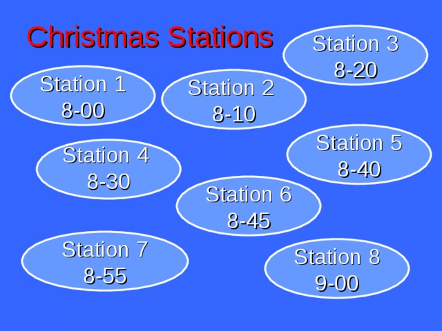 Christmas Stations Station 3 8-20 Station 1 8-00 Station 2 8-10 Station 5 8-40  Station 4  8-30 Station 6 8-45 Station 7 8-55 Station 8 9-00  