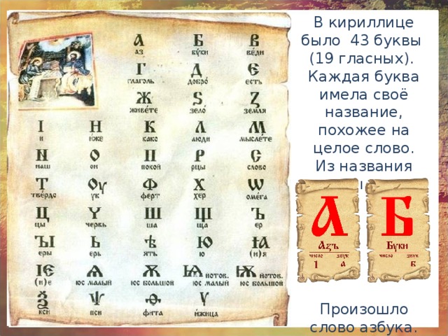 В кириллице было 43 буквы (19 гласных). Каждая буква имела своё название, похожее на целое слово. Из названия первых букв Произошло слово азбука. 