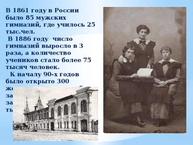 В 1861 году в России было 85 мужских гимназий, где училось 25 тыс.чел.  В 1886 году число гимназий выросло в 3 раза, а количество учеников стало более 75 тысяч человек.  К началу 90-х годов было открыто 300 женских средних учебных заведений. В них занималось около 75 тысяч девушек. 