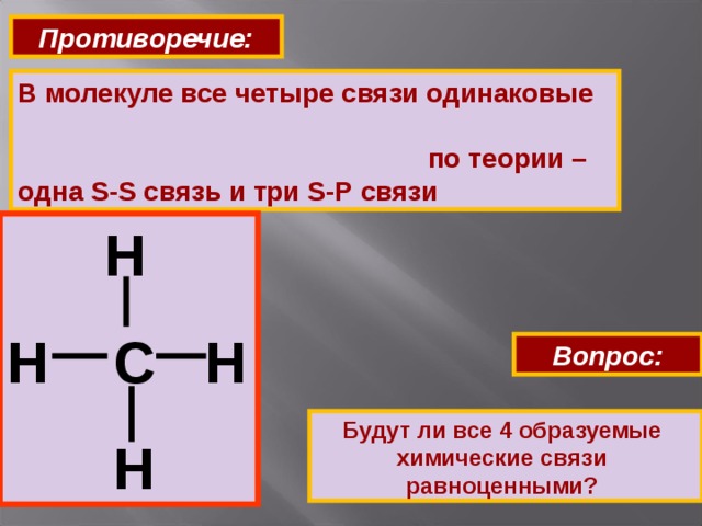 Противоречие: В молекуле все четыре связи одинаковые по теории – одна S - S связь и три S - P связи  Н Н С Н   Н Вопрос:   Будут ли все 4 образуемые химические связи равноценными? 