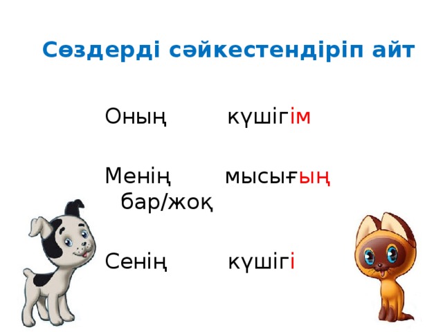 Сөздерді сәйкестендіріп айт Оның күшіг ім Менің  мысығ ың бар/жоқ Сенің  күшіг і 