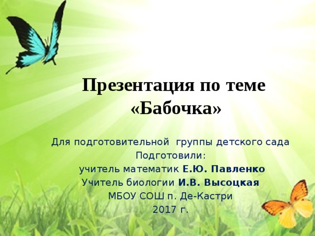 Презентация по теме  «Бабочка» Для подготовительной группы детского сада Подготовили:  учитель математик Е.Ю. Павленко Учитель биологии И.В. Высоцкая  МБОУ СОШ п. Де-Кастри 2017 г. 