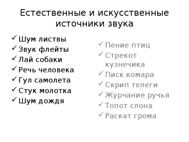 Естественные и искусственные источники звука 1 класс презентация