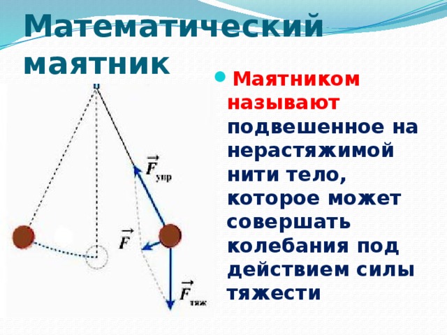Математический маятник Маятником называют подвешенное на нерастяжимой нити тело, которое может совершать колебания под действием силы тяжести 