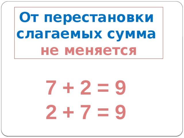 Сумма не меняется. От перестановки слагаемых сумма не меняется. Правило от перестановки слагаемых сумма не меняется. Правило от перестановки мест слагаемых сумма не меняется. От перемены мест слагаемых сумма не меняется.