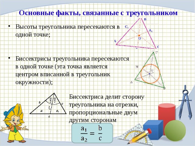 Основные факты, связанные с треугольником Высоты треугольника пересекаются в одной точке; Биссектрисы треугольника пересекаются в одной точке (эта точка является центром вписанной в треугольник окружности); Биссектриса делит сторону треугольника на отрезки, пропорциональные двум другим сторонам 