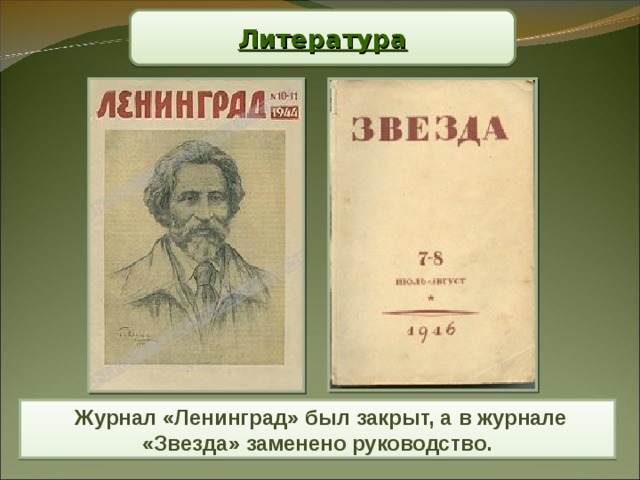 Литература  Журнал «Ленинград» был закрыт, а в журнале «Звезда» заменено руководство. 