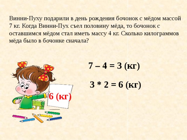 Половина съели. Винни пуху подарили в день рождения бочонок с медом массой 7 кг. Винни-пуху подарили в день рождения бочонок. Что подарили на день рождения Винни пуху. Дедушка привёз бочонок масса которого вместе с мёдом.