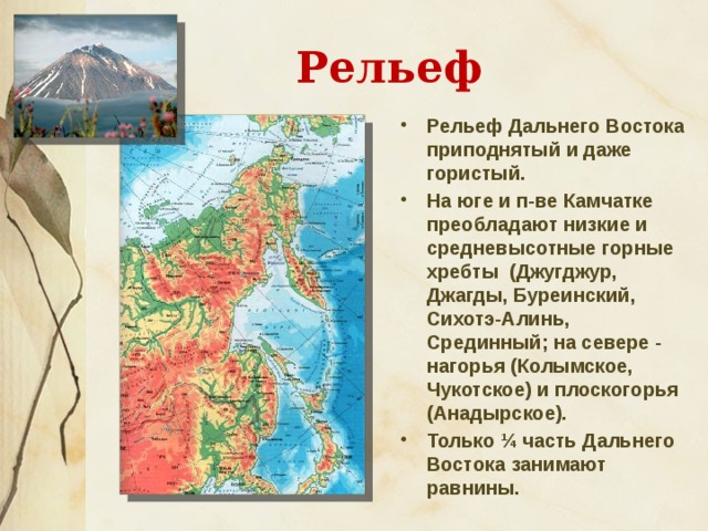 Рельеф Рельеф Дальнего Востока приподнятый и даже гористый. На юге и п-ве Камчатке преобладают низкие и средневысотные горные хребты (Джугджур, Джагды, Буреинский, Сихотэ-Алинь, Срединный; на севере - нагорья (Колымское, Чукотское) и плоскогорья (Анадырское). Только ¼ часть Дальнего Востока занимают равнины.   