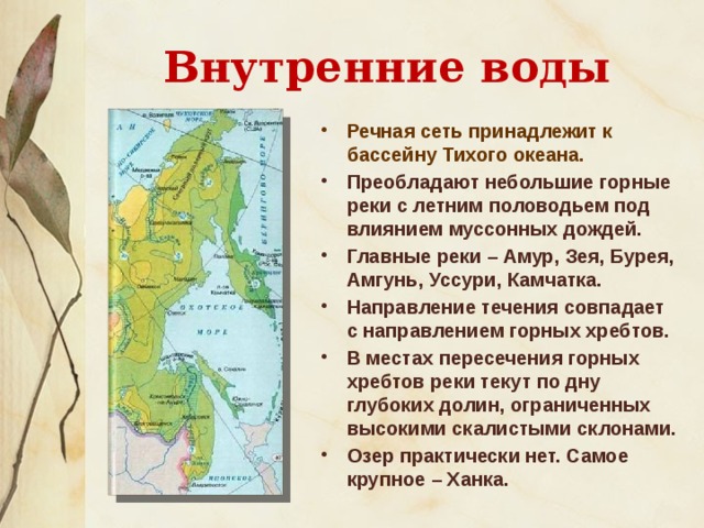 Внутренние воды Речная сеть принадлежит к бассейну Тихого океана. Преобладают небольшие горные реки с летним половодьем под влиянием муссонных дождей. Главные реки – Амур, Зея, Бурея, Амгунь, Уссури, Камчатка. Направление течения совпадает с направлением горных хребтов. В местах пересечения горных хребтов реки текут по дну глубоких долин, ограниченных высокими скалистыми склонами. Озер практически нет. Самое крупное – Ханка. 