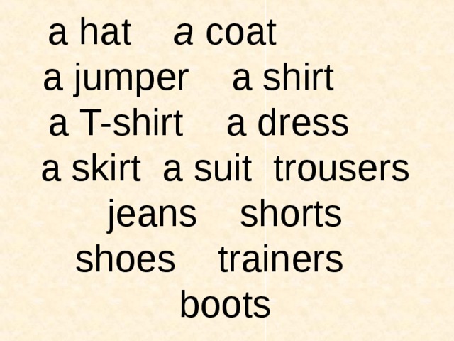 a hat a coat a jumper a shirt a T-shirt a dress a skirt a suit trousers jeans shorts shoes trainers boots 
