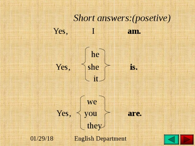  Short answers:(posetive)  Yes, I am.   he  Yes, she is.  it  we  Yes, you are.  they 