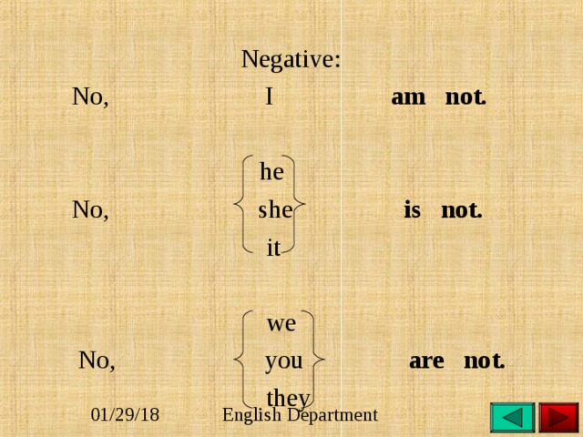  Negative:  No, I am not.    he  No, she is not.  it  we  No, you are not.  they 