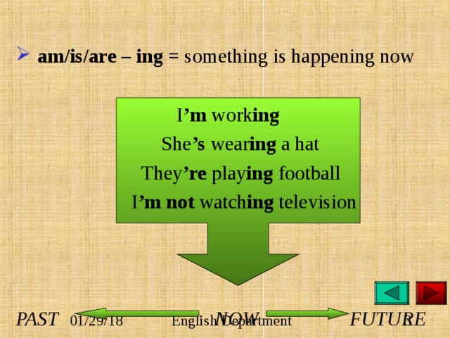  am/is/are – ing = something is happening now  I ’m work ing  She ’s wear ing a hat  They ’re play ing football  I ’m not watch ing television     PAST  NOW FUTURE 