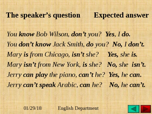  The speaker’s question Expected answer   You know Bob Wilson, don’t you? Yes , I do.  You  don’t know Jack Smith, do you? No, I don’t.  Mary is from Chicago, isn’t she? Yes, she is.  Mary isn’t from New York, is she?  No, she isn’t.  Jerry can play the piano, can’t he? Yes, he can.  Jerry can’t speak Arabic, can he? No, he can’t. 