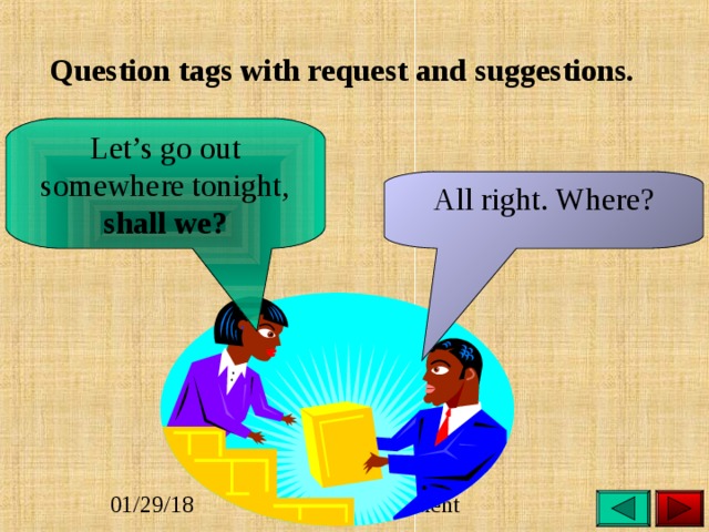   Question tags with request and suggestions. Let’s go out somewhere tonight, shall we? All right. Where? 