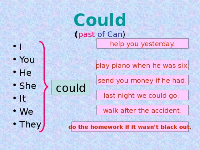 Could  ( past of Can ) help you yesterday. I You He She It We They play piano when he was six. send you money if he had. could last night we could go. walk after the accident. do the homework if it wasn’t black out. 