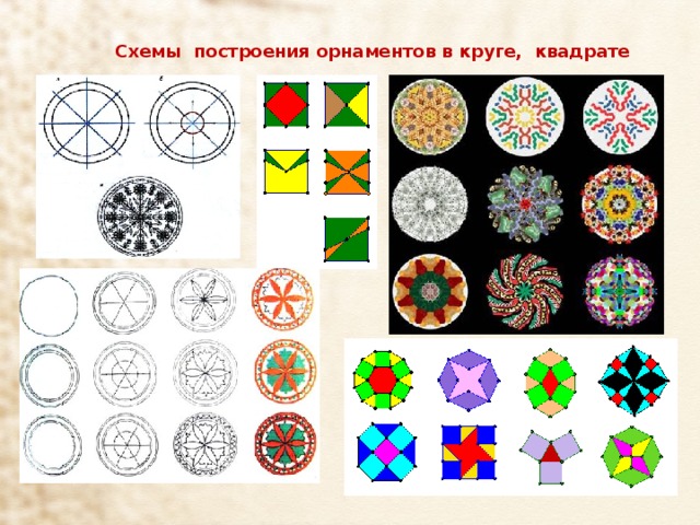 Схемы построения орнаментов в круге, квадрате 