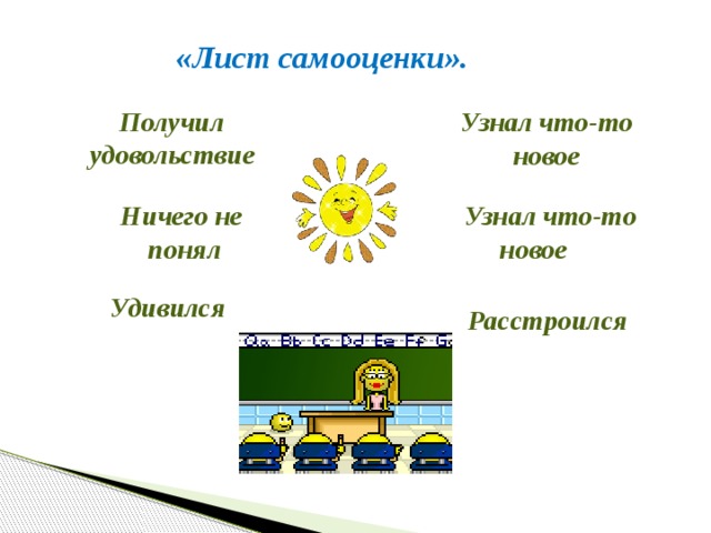  Удивился Узнал что-то новое  Расстроился  «Лист самооценки». Получил удовольствие  Ничего не понял  Узнал что-то новое 