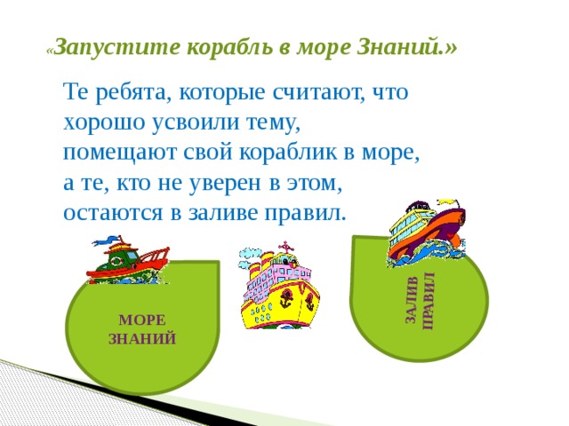 Залив правил « Запустите корабль в море Знаний.»   Те ребята, которые считают, что хорошо усвоили тему, помещают свой кораблик в море, а те, кто не уверен в этом, остаются в заливе правил. Море знаний 