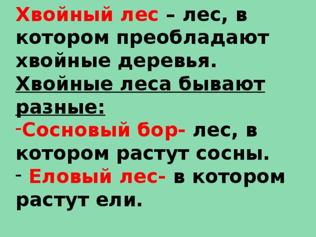 Хвойный лес – лес, в котором преобладают хвойные деревья. Хвойные леса бывают разные: Сосновый бор- лес, в котором растут сосны.  Еловый лес- в котором растут ели.   