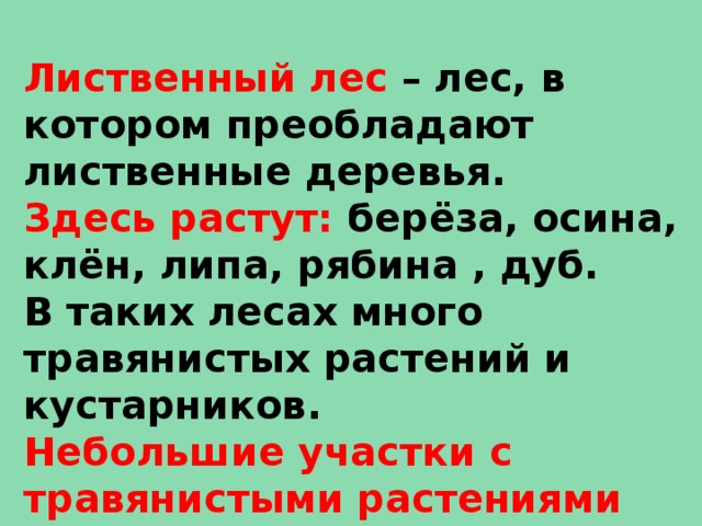 Лиственный лес – лес, в котором преобладают лиственные деревья. Здесь растут: берёза, осина, клён, липа, рябина , дуб. В таких лесах много травянистых растений и кустарников. Небольшие участки с травянистыми растениями называют – лужайками , а большие – лугом. 