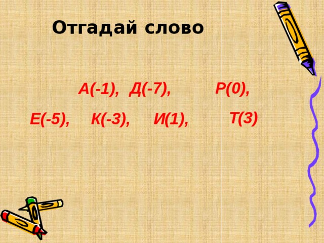 Отгадай слово Д(-7), Р(0), А(-1),  Т(3) Е(-5), К(-3), И(1), 