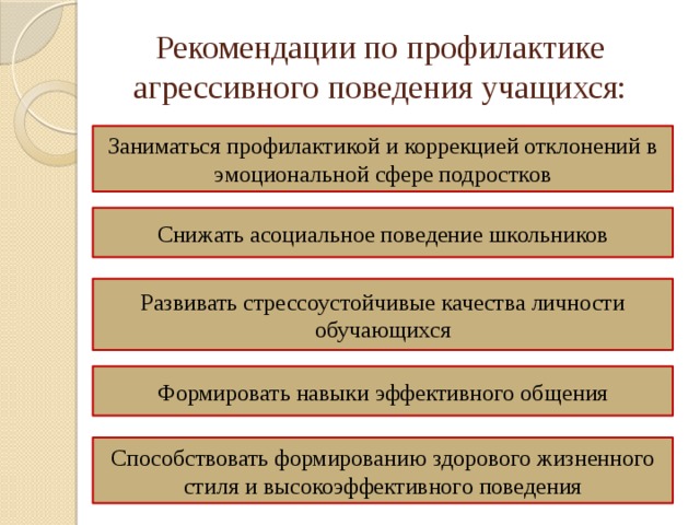 Рекомендации по профилактике агрессивного поведения учащихся: Заниматься профилактикой и коррекцией отклонений в эмоциональной сфере подростков Снижать асоциальное поведение школьников Развивать стрессоустойчивые качества личности обучающихся Формировать навыки эффективного общения Способствовать формированию здорового жизненного стиля и высокоэффективного поведения 