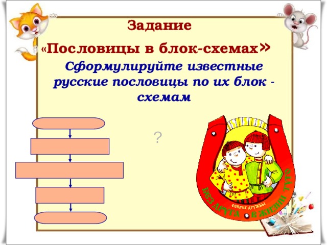 Задание  «Пословицы в блок-схемах » Сформулируйте известные русские пословицы по их блок - схемам ? 