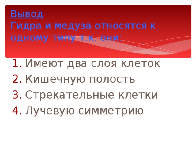 Вывод   Гидра и медуза относятся к одному типу т.к. они: Имеют два слоя клеток Кишечную полость Стрекательные клетки Лучевую симметрию 