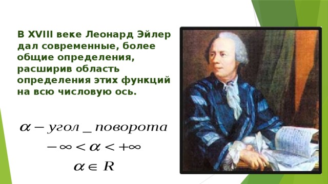 В XVIII веке Леонард Эйлер дал современные, более общие определения, расширив область определения этих функций на всю числовую ось.  