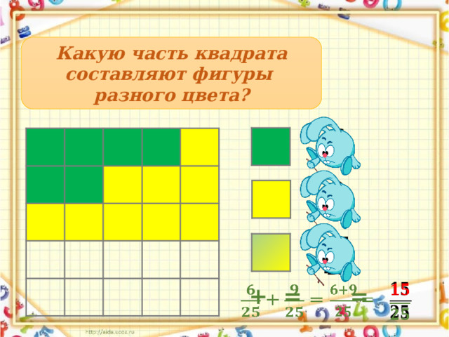 Какую часть квадрата составляют фигуры разного цвета?          + =    =   