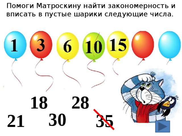 Помоги Матроскину найти закономерность и вписать в пустые шарики следующие числа. 18 28 30 21 35 