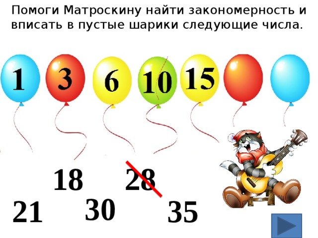 Помоги Матроскину найти закономерность и вписать в пустые шарики следующие числа. 18 28 30 21 35 