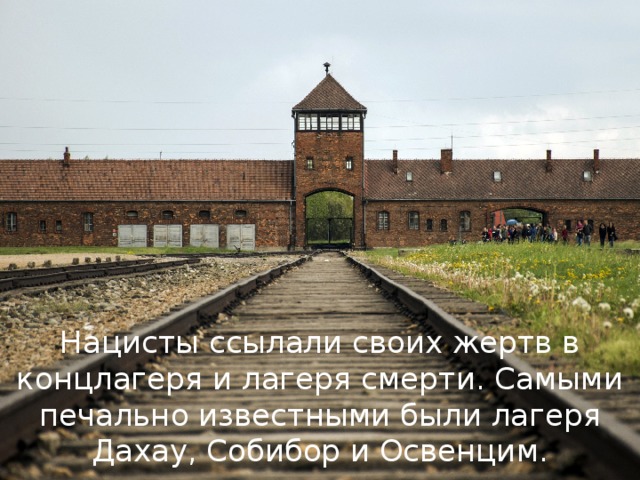Нацисты ссылали своих жертв в концлагеря и лагеря смерти. Самыми печально известными были лагеря Дахау, Собибор и Освенцим. 