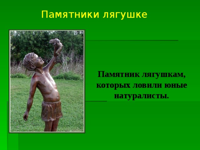 Памятники лягушке Памятник лягушкам, которых ловили юные натуралисты. 