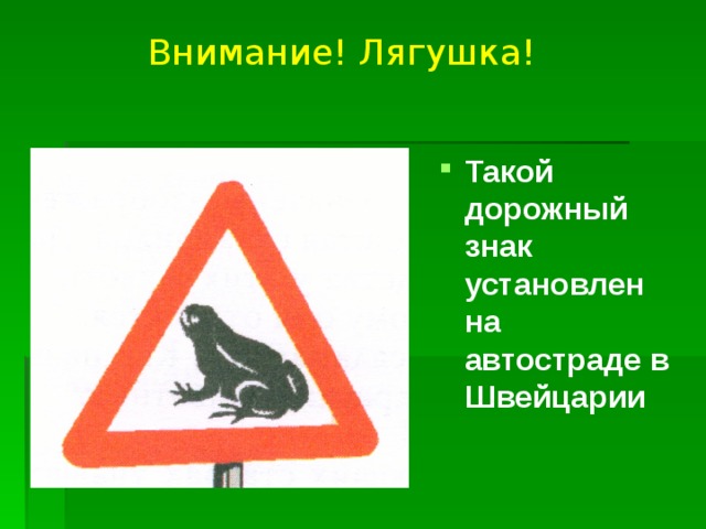 Внимание! Лягушка! Такой дорожный знак установлен на автостраде в Швейцарии 