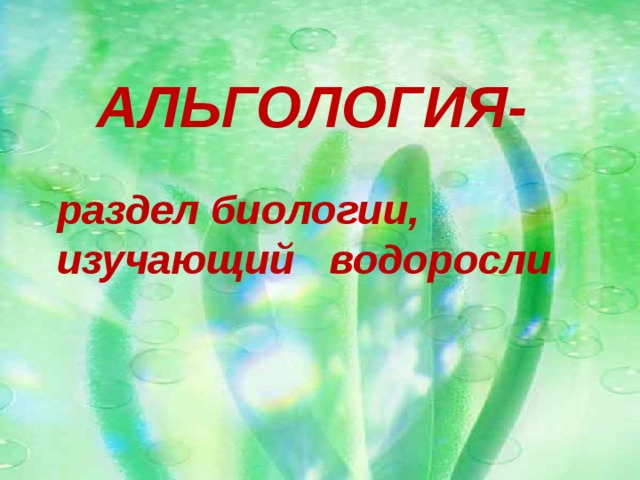 АЛЬГОЛОГИЯ-    раздел биологии, изучающий водоросли