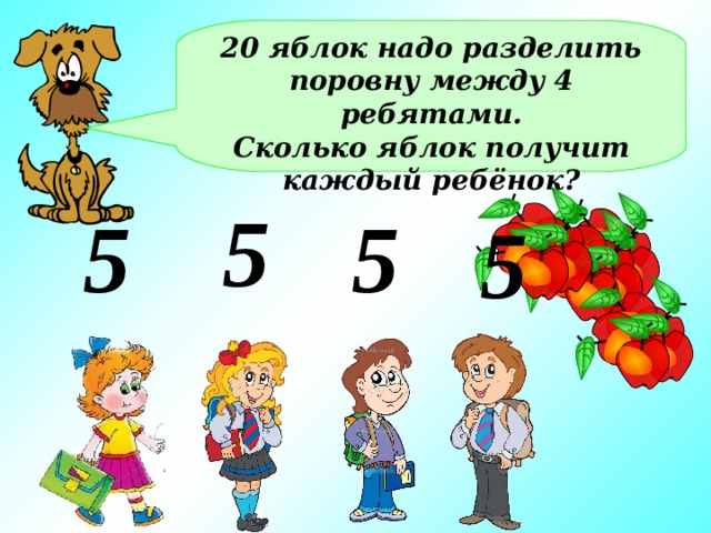 20 яблок надо разделить поровну между 4 ребятами. Сколько яблок получит каждый ребёнок? 5 5 5 5 