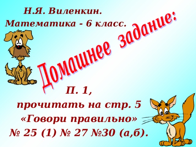 Н.Я. Виленкин. Математика - 6 класс. П. 1, прочитать на стр. 5 «Говори правильно» № 25 (1) № 27 №30 (а,б). 