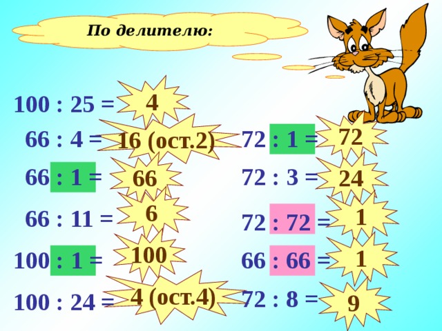 По делителю: 4 100 : 25 = 72 16 (ост. 2 )  72 : 1 =  66 : 4 = 24 66  72 : 3 =  66 : 1 = 6 1  66 : 11 =  72 : 72 = 100 1 100 : 1 =  66 : 66 = 4 (ост.4) 9  72 : 8 = 100 : 24 = 