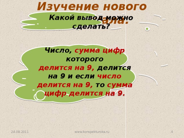 Изучение нового материала. Какой вывод можно сделать? Число, сумма цифр которого  делится на 9, делится на 9 и  если число делится на 9, то сумма цифр делится на 9. 24.08.2011 www.konspekturoka.ru 3 