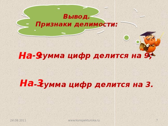Вывод. Признаки делимости: На 9 - сумма цифр делится на 9; На 3 - сумма цифр делится на 3. 24.08.2011 3 www.konspekturoka.ru 