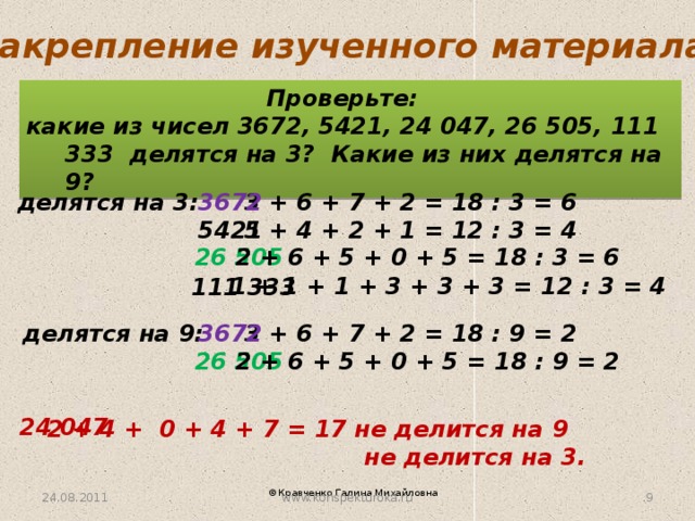 Закрепление изученного материала. Проверьте: какие из чисел 3672, 5421, 24 047, 26 505, 111 333 делятся на 3? Какие из них делятся на 9? 3672 делятся на 3: 3 + 6 + 7 + 2 = 18 : 3 = 6 5421 5 + 4 + 2 + 1 = 12 : 3 = 4 2 + 6 + 5 + 0 + 5 = 18 : 3 = 6 26 505 1 + 1 + 1 + 3 + 3 + 3 = 12 : 3 = 4 111 333 3 + 6 + 7 + 2 = 18 : 9 = 2 делятся на 9: 3672 26 505 2 + 6 + 5 + 0 + 5 = 18 : 9 = 2 24 047 2 + 4 + 0 + 4 + 7 = 17 не делится на 9  не делится на 3. www.konspekturoka.ru 3 24.08.2011 ©Кравченко Галина Михайловна 