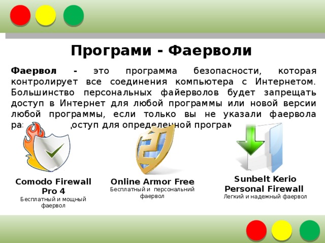 Програми - Фаерволи  Фаервол - это программа безопасности, которая контролирует все соединения компьютера с Интернетом. Большинство персональных файерволов будет запрещать доступ в Интернет для любой программы или новой версии любой программы, если только вы не указали фаервола разрешить доступ для определенной программы. Sunbelt Kerio Personal Firewall Легкий и надежный фаервол Comodo Firewall Pro 4  Бесплатный и мощный фаервол Online Armor Free  Бесплатный и персональний фаервол