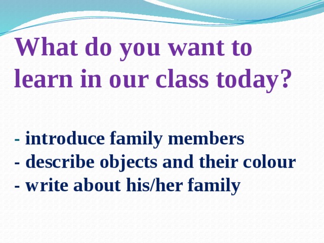 What do you want to learn in our class today?   - introduce family members  - describe objects and their colour  - write about his/her family 