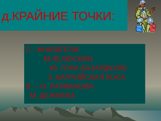 д.КРАЙНИЕ ТОЧКИ: С.- М.ФЛИГЕЛИ  М.ЧЕЛЮСКИН  Ю. ГОРА БАЗАРДЮЗЮ  З. БАЛТИЙСКАЯ КОСА В. – О. РАТМАНОВА  М. ДЕЖНЕВА 