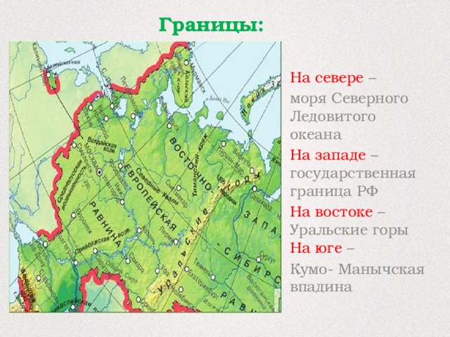 Границы: На севере – моря Северного Ледовитого океана На западе – государственная граница РФ На востоке – Уральские горы На юге – Кумо- Манычская впадина 